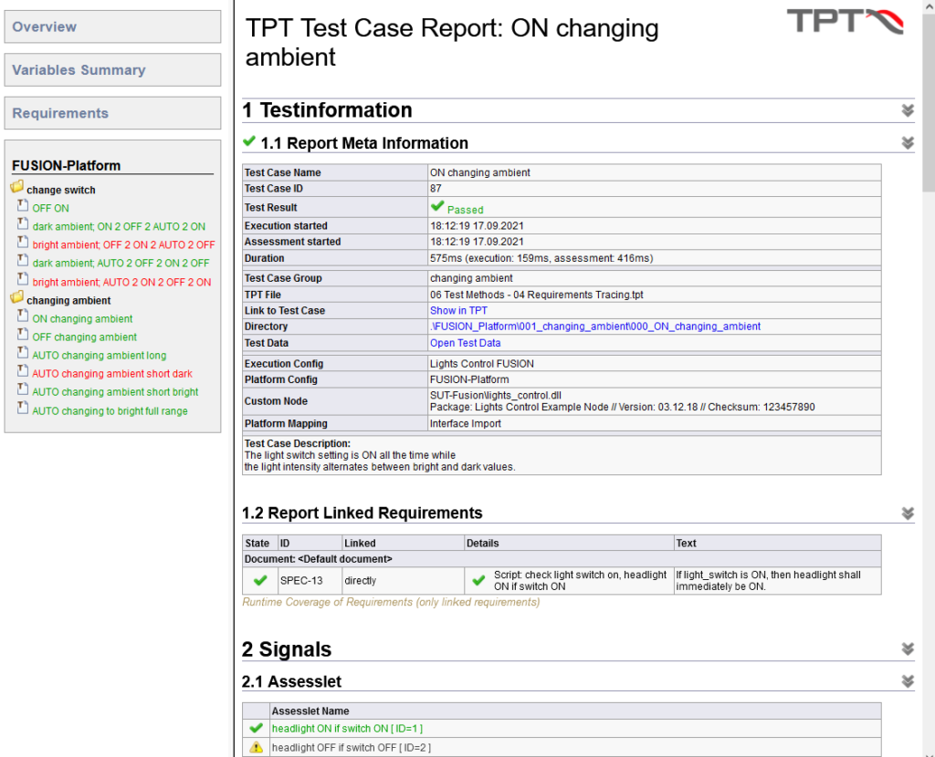 TPT test case report